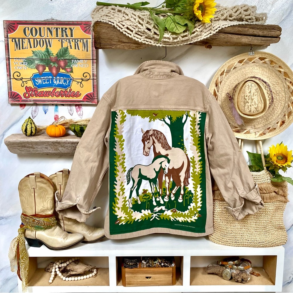 Upcycled By The Beautiful @beyoushop! Boho Western Beige Jacket with Horse Patch